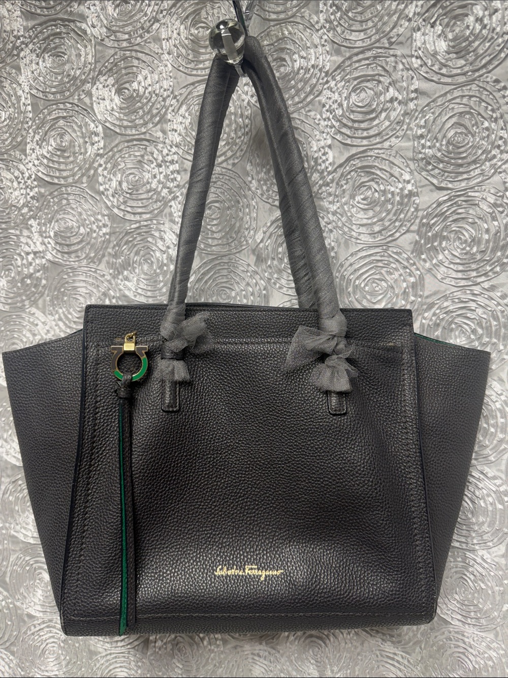 Salvatore Ferragamo Black Pebbled Leather Tote Bag Authentic